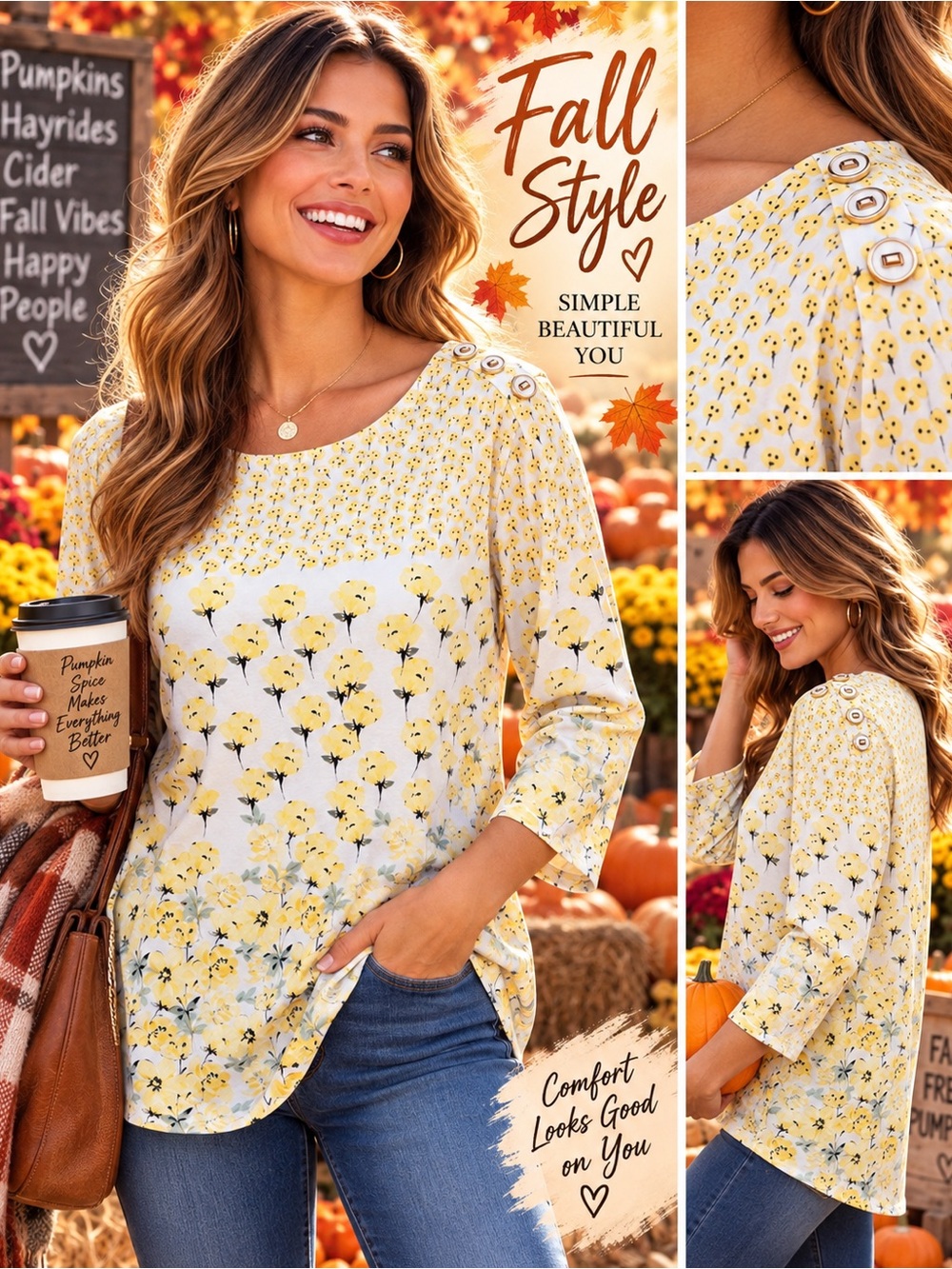 Charter Club Yellow Floral Tunic Top Size L 3/4 Sleeve Shoulder Button